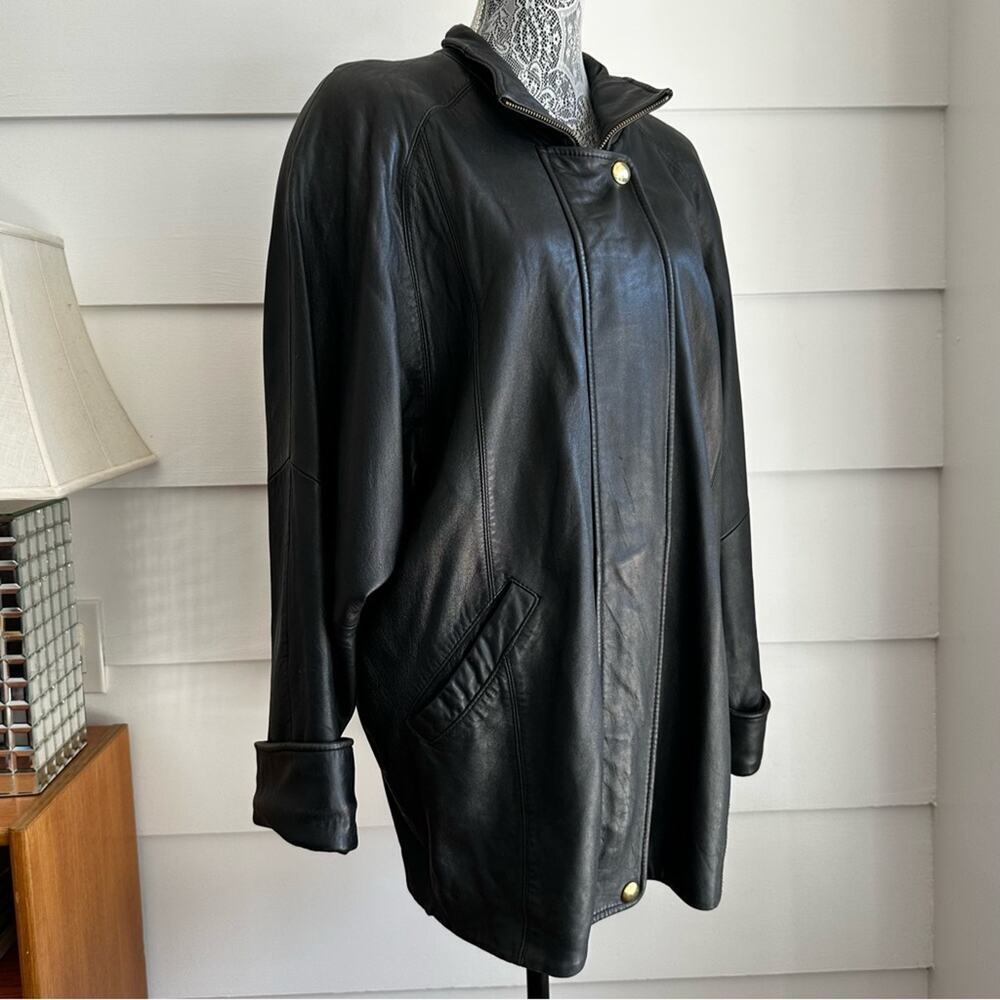Vintage Valerie Stevens Black Leather Coat Size L Relaxed Fit Soft Leather - Picture 2 of 8